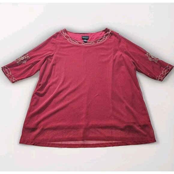 Lane Bryant Top 26/28 Burgundy Mandala Embroidery Lined Sheer SS Round Neck Boho - Picture 8 of 16